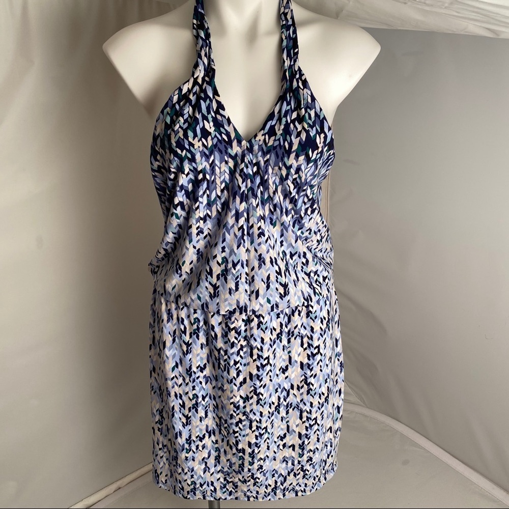 White House Black Market multicolor blue white tan halter dress